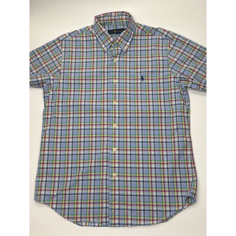 Ralph Lauren Mens Medium Short Sleeve‎ Plaid Button Down Shirt Blue Multi Color